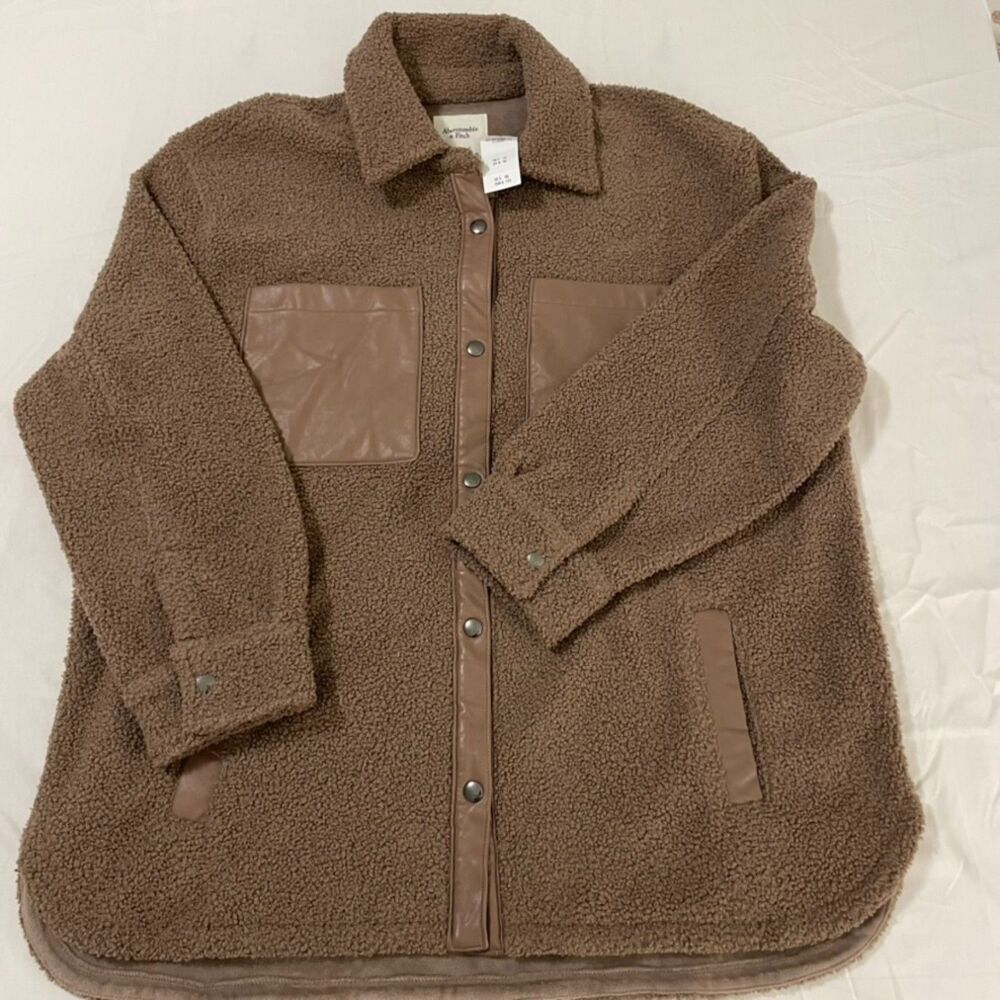 Abercrombie & Fitch Women's Elevated Trim Sherpa Shirt Jacket Brown Size XL